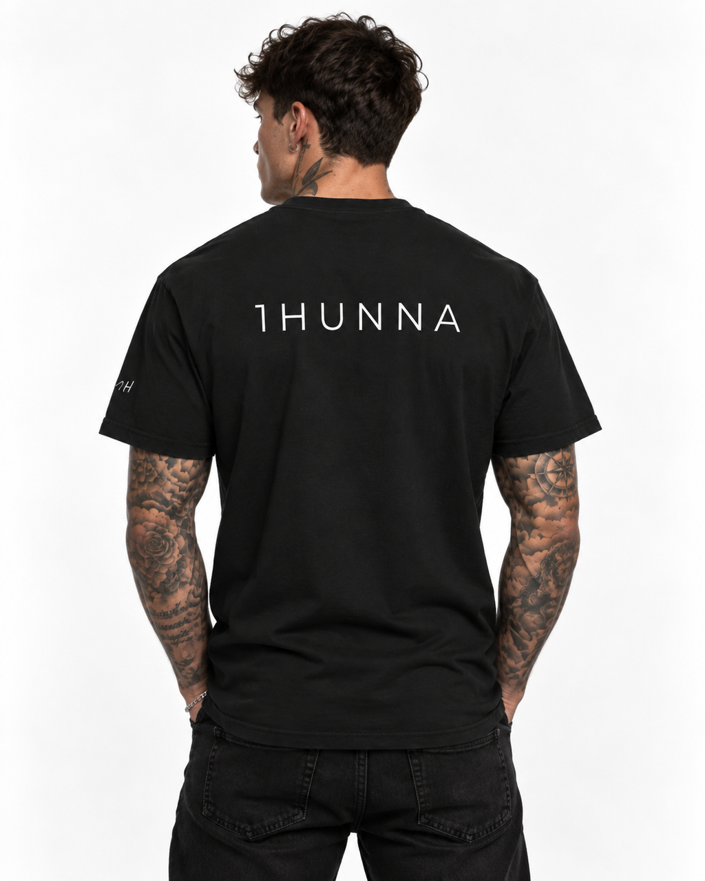 Black Casual 1HUNNA T-shirt with light 1HUNNA wordmark – back view