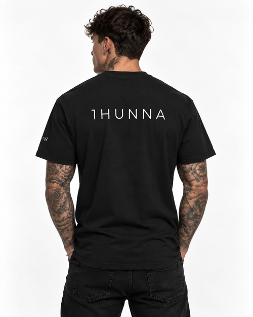 Black Casual 1HUNNA T-shirt with light 1HUNNA wordmark – back view