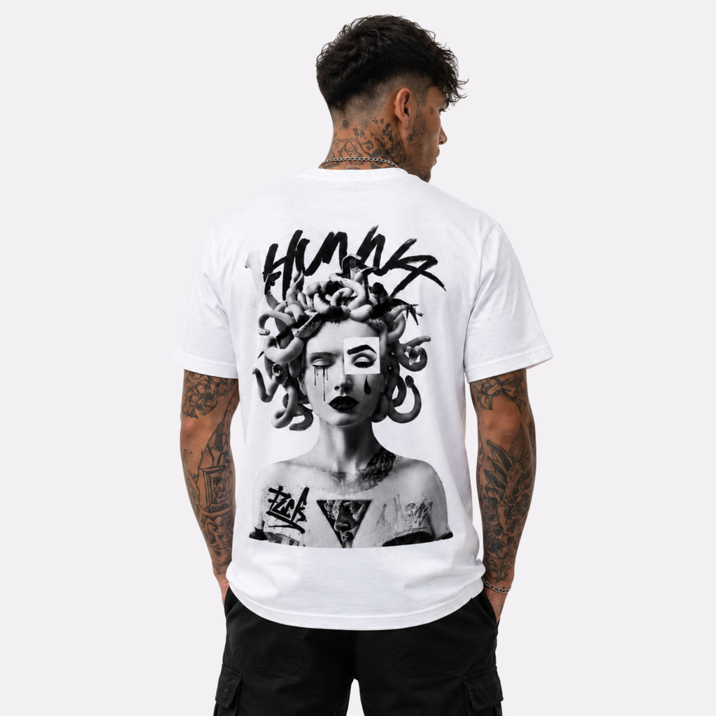 1HUNNA Gallery 005 Queen of Curses T-shirt in white – back worn view